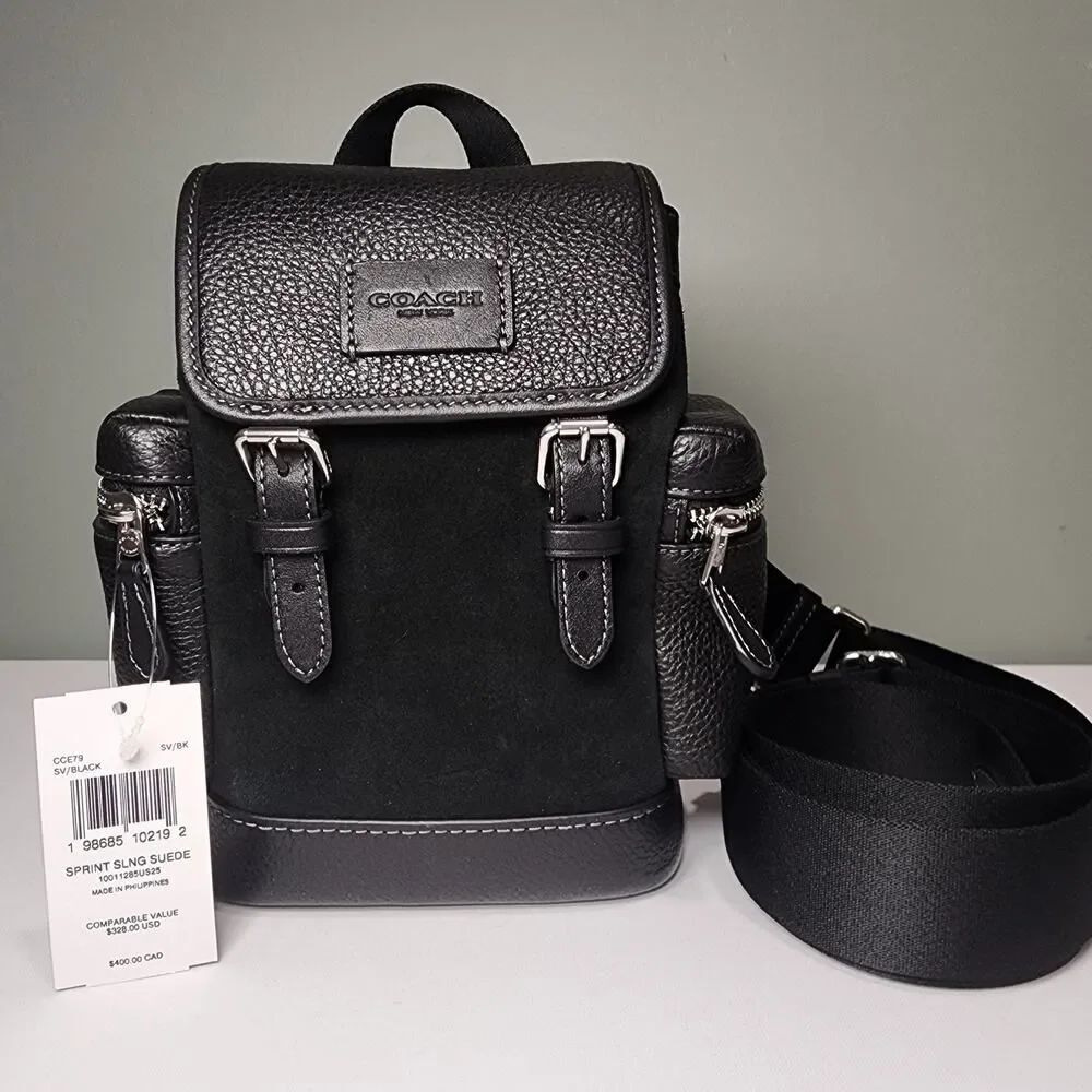 NWT Coach CCE79 Sprint Sling Pack Silver Black Suede, refined pebble leather